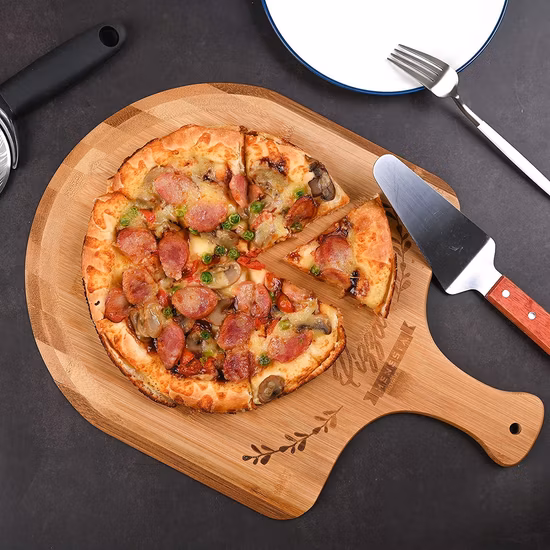 Massives Bambustablett in Lebensmittelqualität, Pizzatablett aus Holz mit Griff